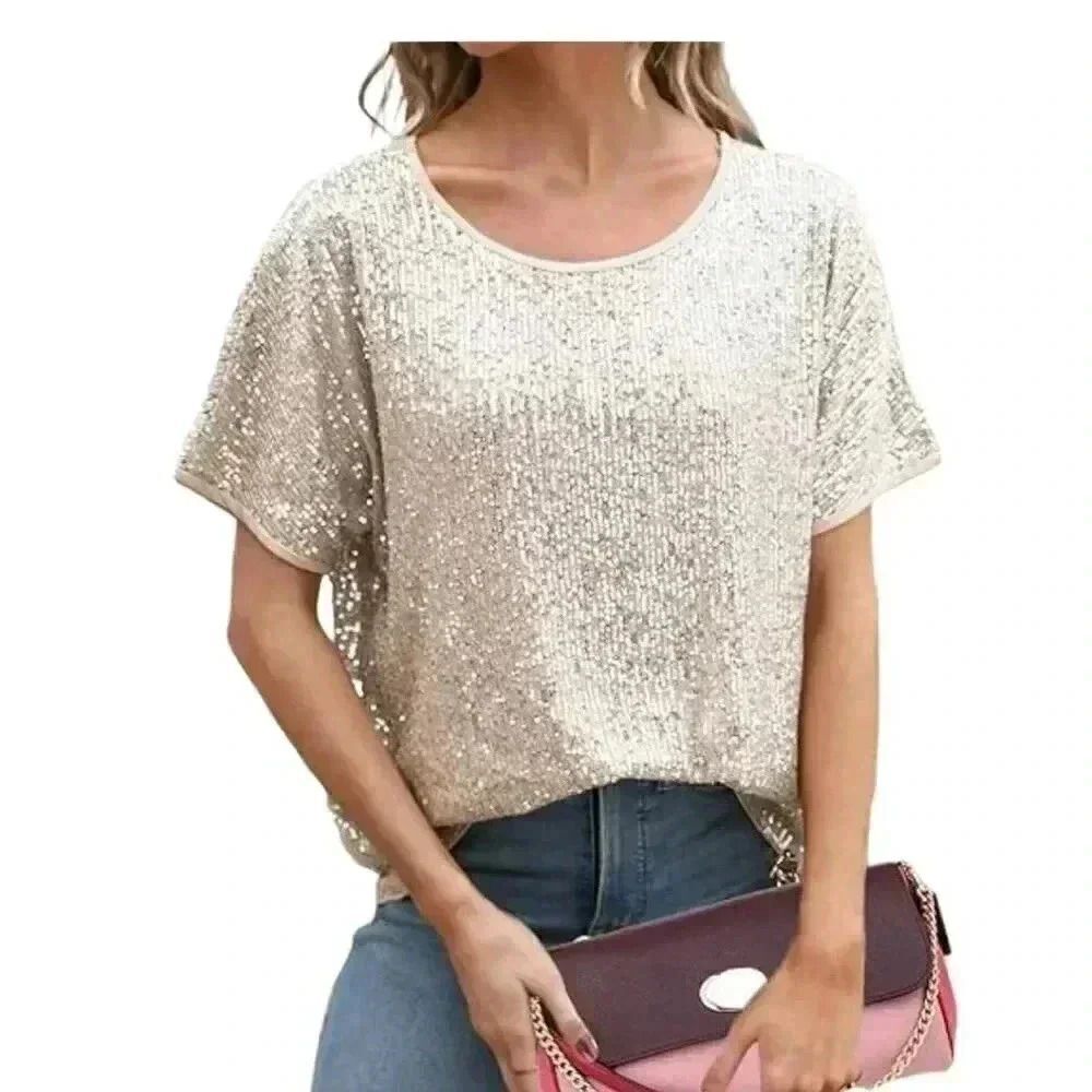 Skies Are Blue Women's Champagne Gold Sequin Lined Crop Top NEW